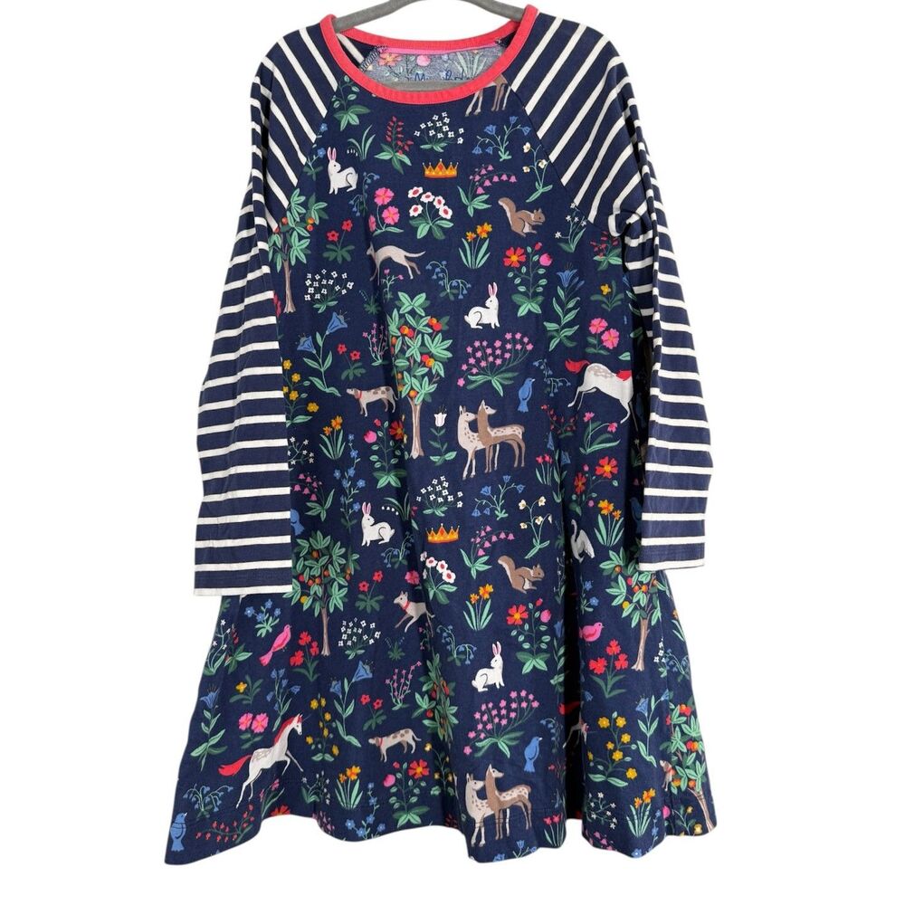 Mini Boden Girls Forest Print Dress Sz 6-7 Long Sleeve Cotton Animals